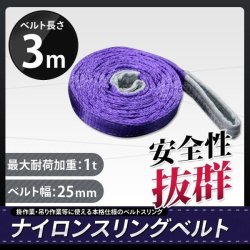 画像1: ナイロンスリングベルト 耐荷重1.0t×3m 1本 / 玉掛け 吊上げ ロープ 牽引